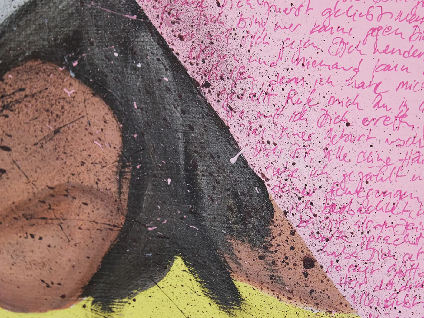 Kunst in der Praxis Gemälde mit handgeschriebenem Text in Rosa und Gelb